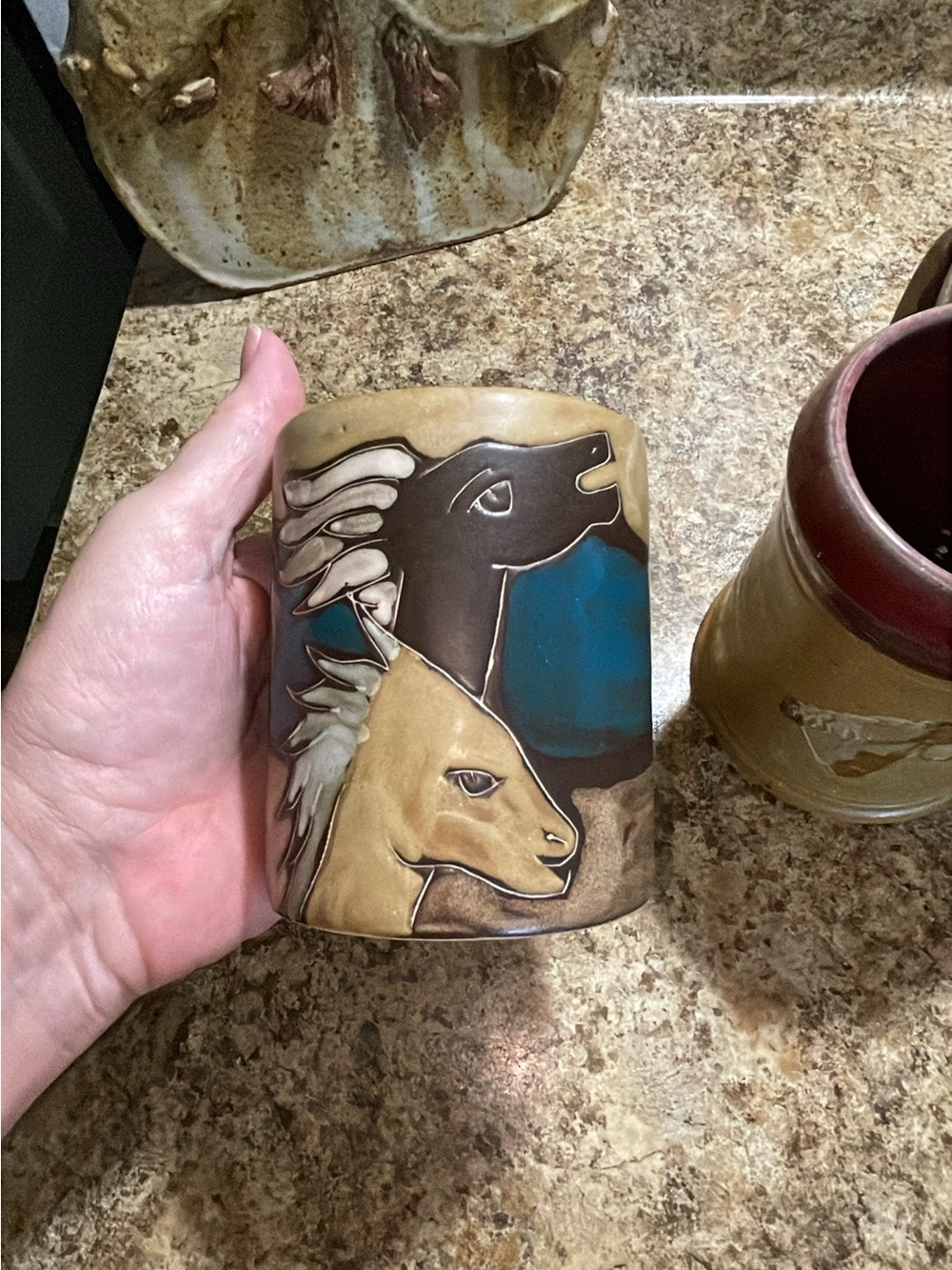 Horse and Foal Carved Ceramic Tumbler - Tan, Brown, Teal by MARA